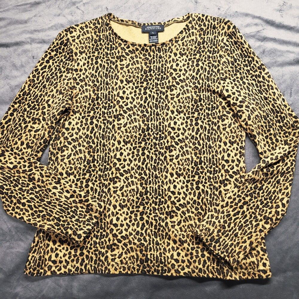 Jones New York Signature Women's Leopard Print Long Sleeve Stretch Knit Top LG